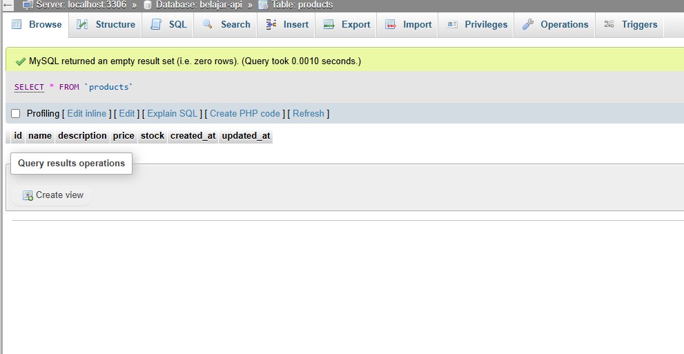 Tabel Products di phpMyAdmin